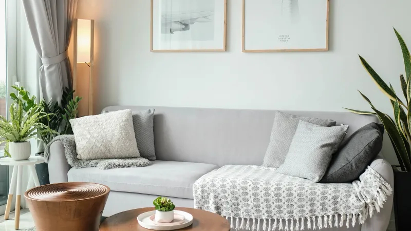 a living room with a couch and a coffee table