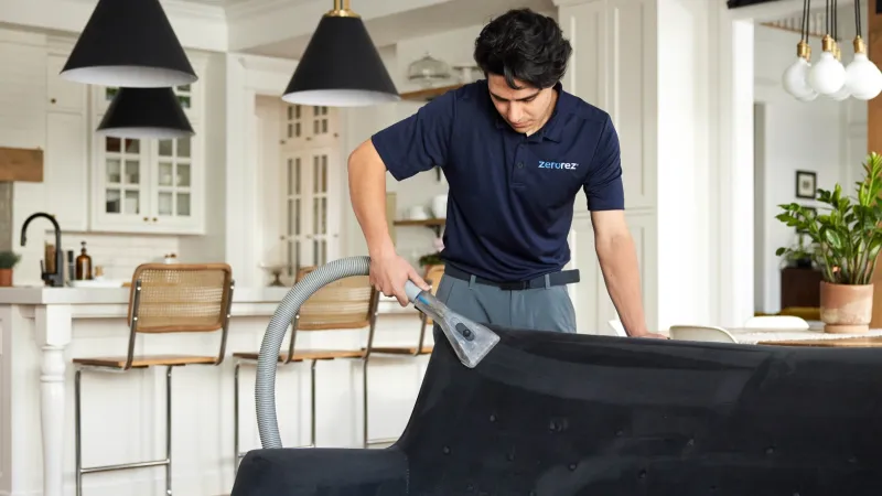 a male Zerorez technician using an upholstery cleaning tool to professional clean suede couch furniture in a residential home living room