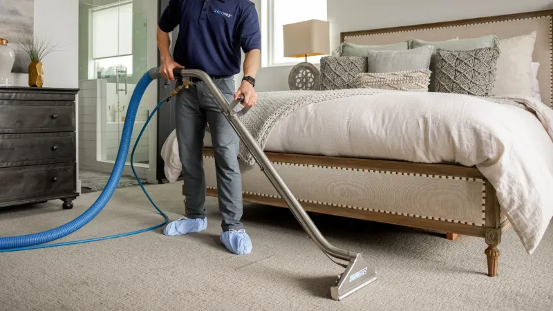 a person holding a Zerorez Zr Wand to extract all the excess moisture from the bedroom carpet so it doesn't smell musty or like dog after cleaning