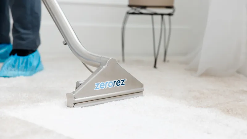 a Zerorez® Zr™ Wand cleaning white carpet in a living area before moving out