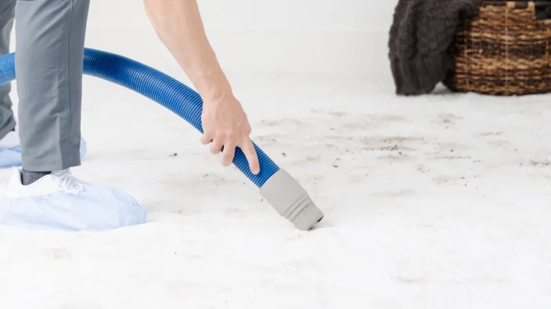 covered shoes of a Zerorez technician standing on a white wet carpet extracting water from the dirty carpet with a blue hose