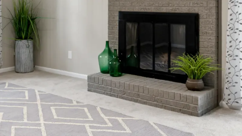 a fireplace with potted plants