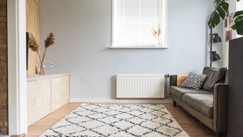 a living room with a rug and a couch