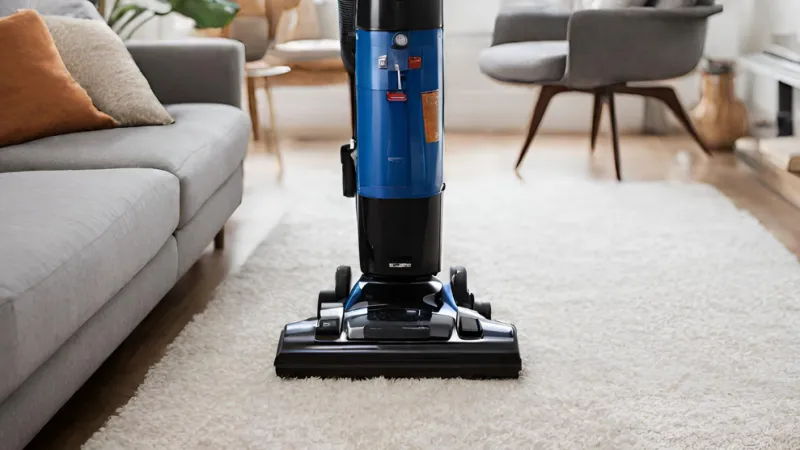 a black and blue upright vacuum in a room with a couch and a table