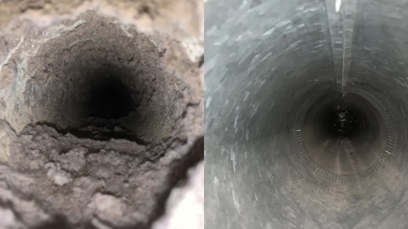 a close up look inside an air duct, before being cleaned by Zerorez and after being cleaned by Zerorez air duct cleaning services