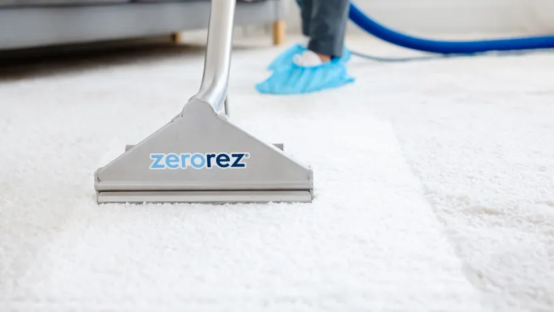 Zerorez® technician pulling a Zr® Wand on a white carpet, pulling out dirt and grime from the carpet, leaving behind white clean stripes label on a white surface