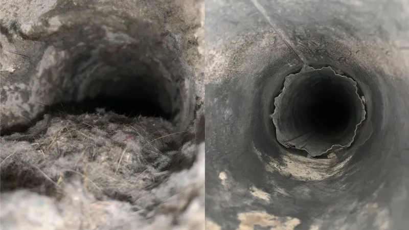 before dryer vent cleaning photo on the left and on the right an after photo of a clean dryer vent after it was cleaned by Zerorez