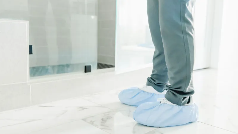 a cleaner with protective sleeves on their shoes