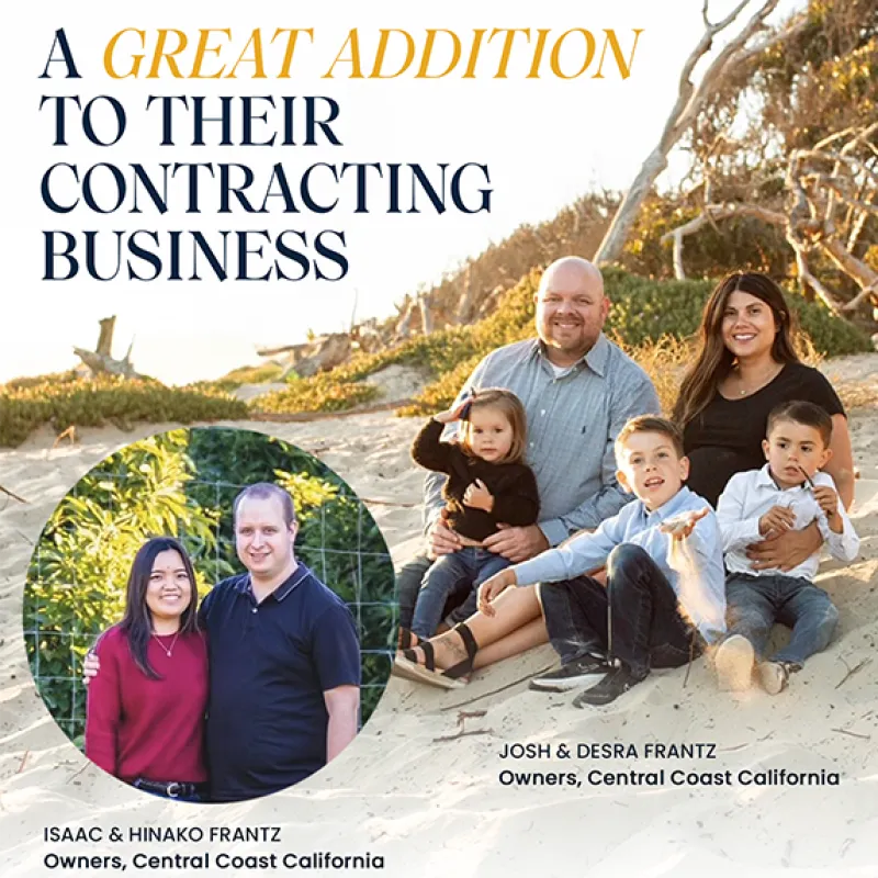 Two couples and a family with children at a sandy beach promoting a contracting business in Central Coast California