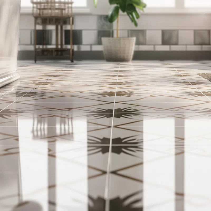 Glossy patterned floor tiles reflect light in a bright, modern bathroom with white subway tiled walls and plants.
