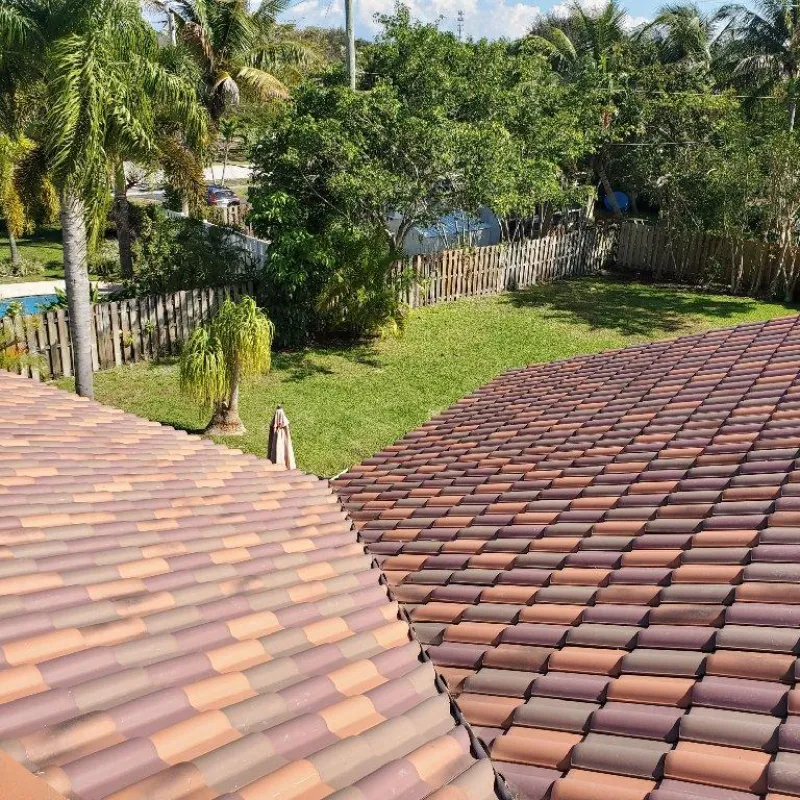 Aerial view of residential tiled roof overlooking a lush green garden and palm trees under a clear blue sky in Florida.