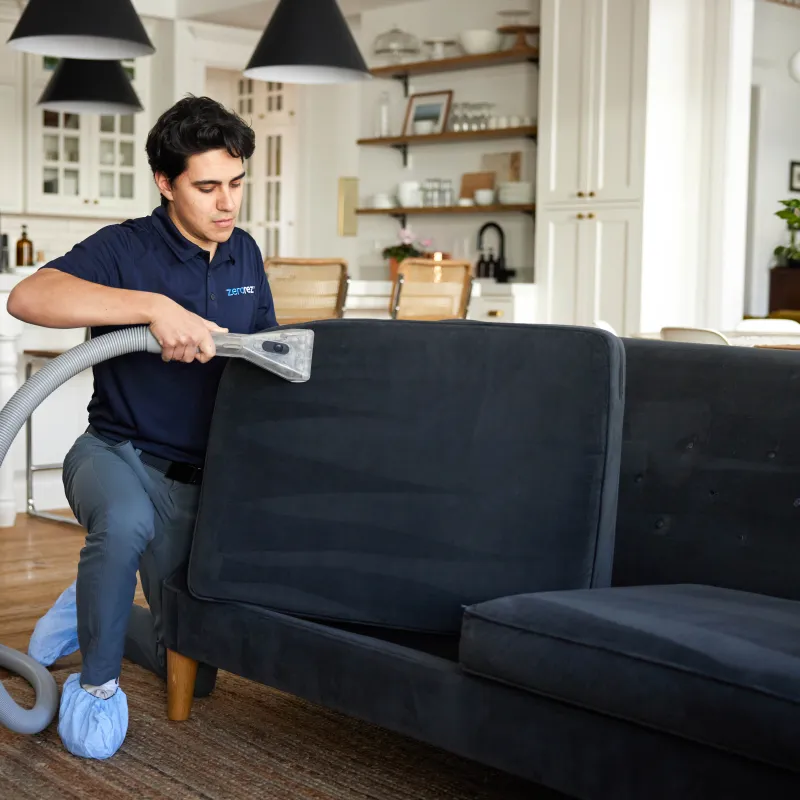 Zerorez worker cleaning a couch