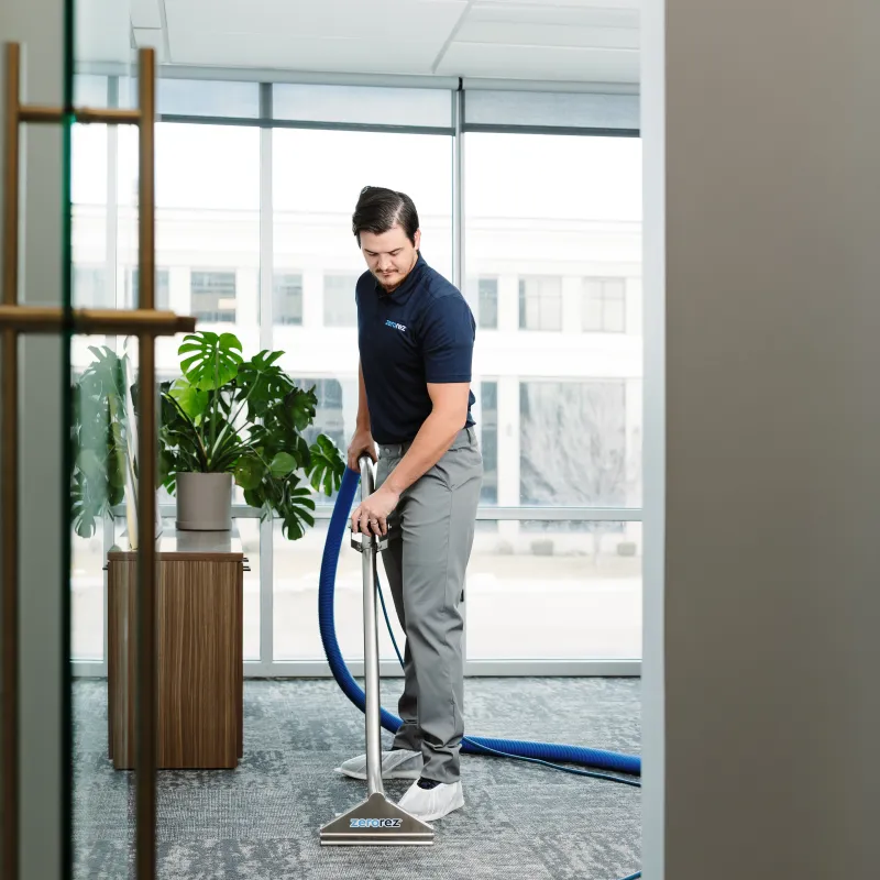 Professional cleaner using carpet extractor machine in modern office hallway with plants and large windows.