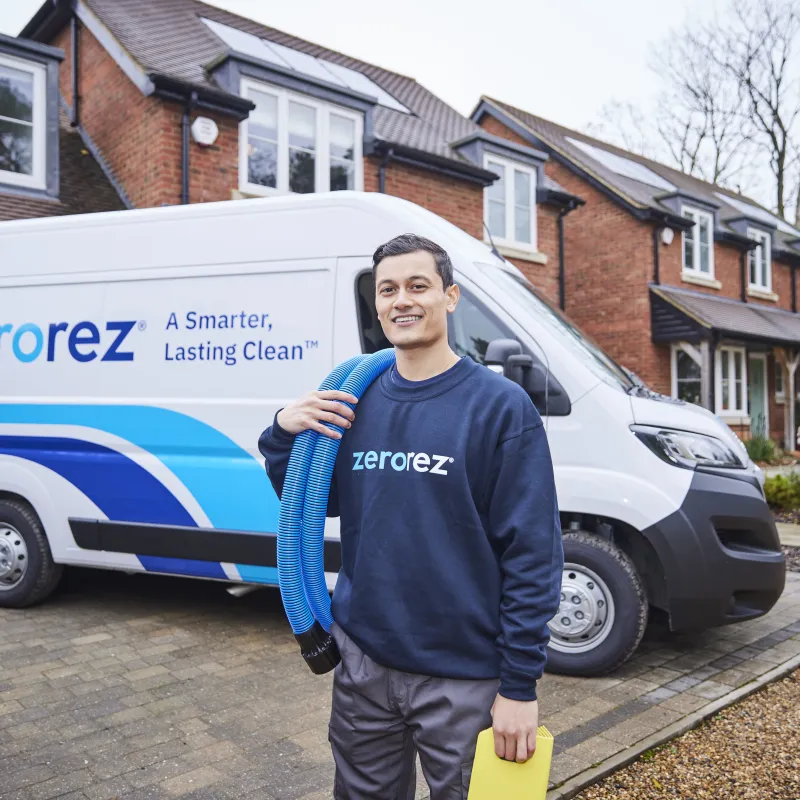 a man standing next to a blue van