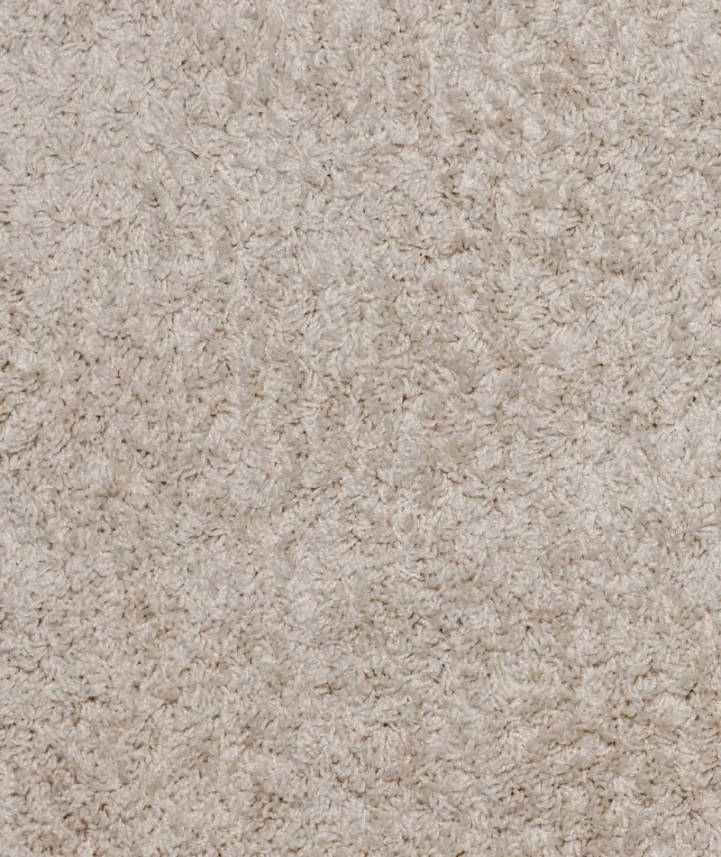 Close-up of soft beige carpet fibers showing texture and plush surface for home flooring.