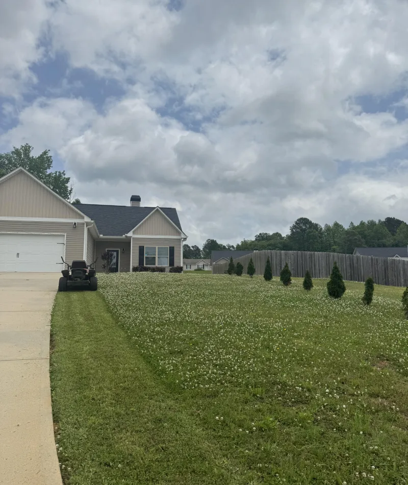 a yard with a fence and a house in the background