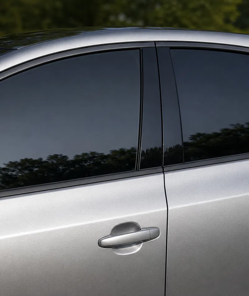 Close-up of silver car side showing tinted windows, door handle, and tree reflections on the glass.