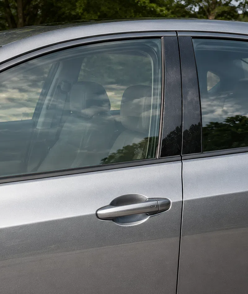 Side view of a silver car door with visible handle and tinted windows reflecting greenery and sky.