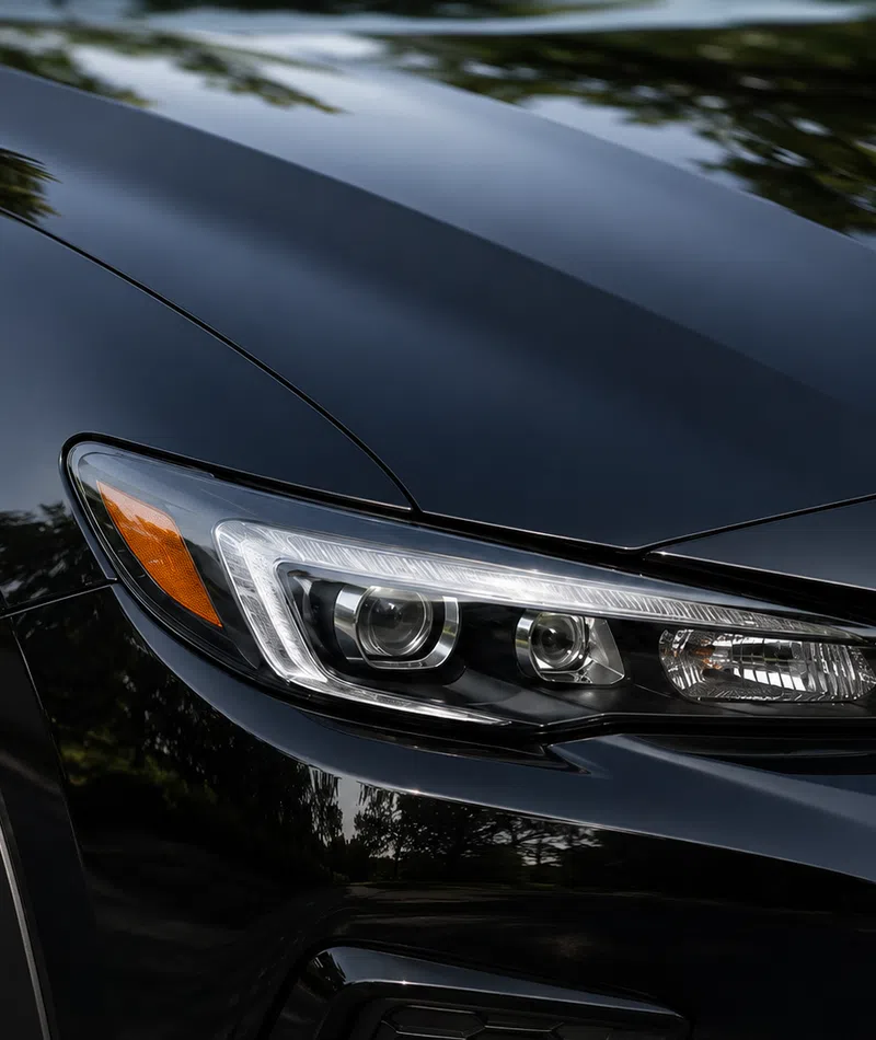 Close-up of a sleek black car headlight and front fender with reflected trees on a glossy surface.