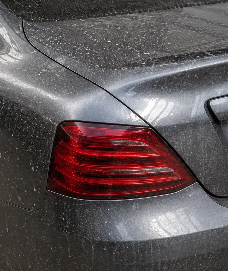 Rear close-up of a dirty silver car showing the tail light and trunk area with dust and mud splatters.