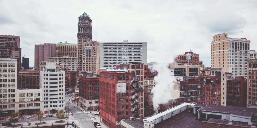 a city with a large building