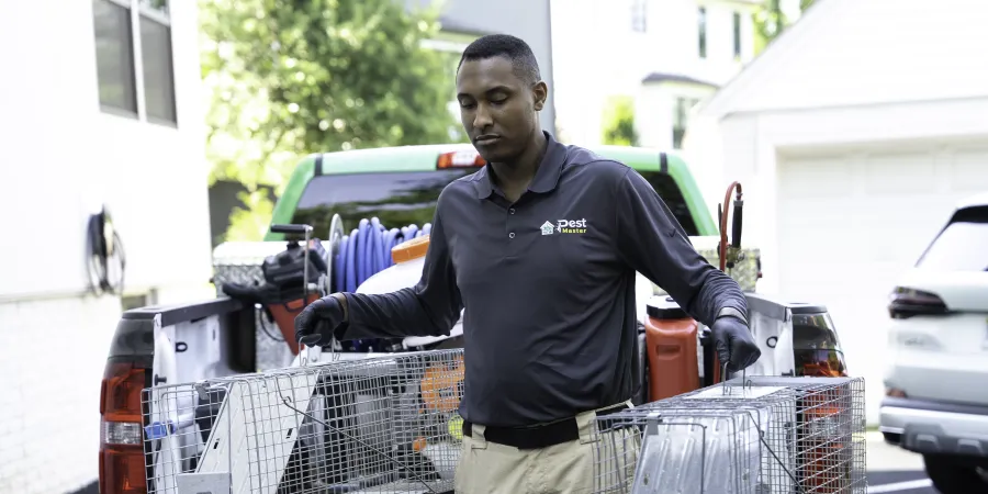 a pest control tech carrying wildlife traps