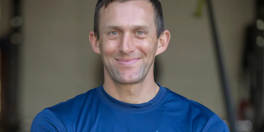 a man in a blue shirt