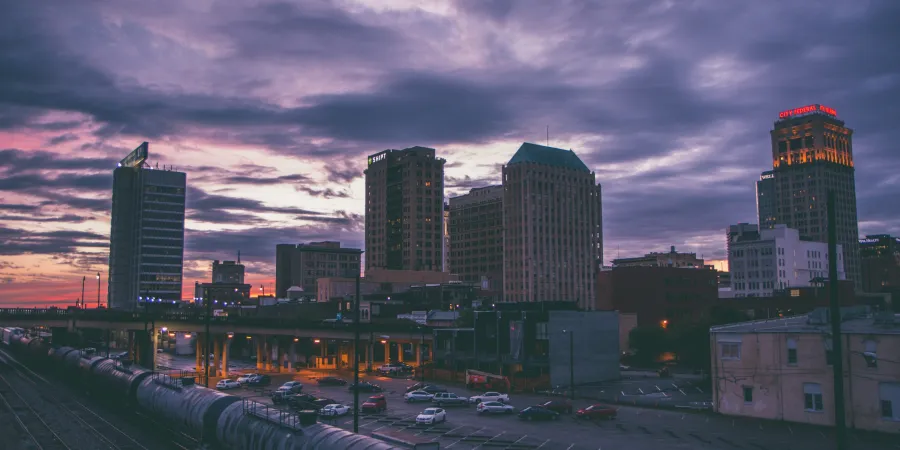 a city skyline at sunset