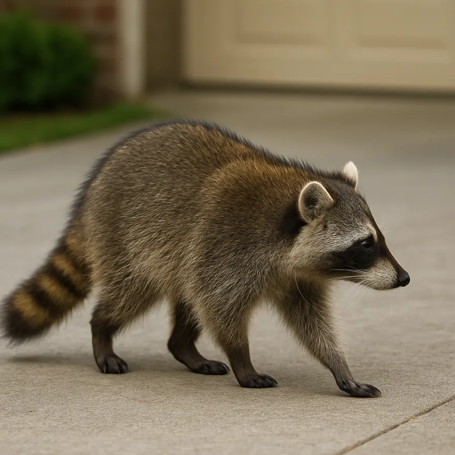 Raccoon walking on concrete driveway with blurred garage door and greenery in the background