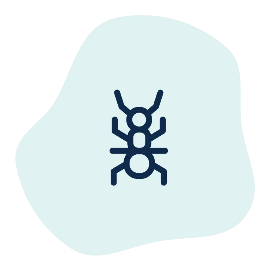 Simple dark blue ant icon with three body segments on light blue irregular background shape.