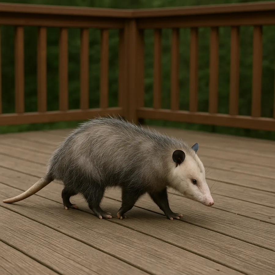 Virginia opossum walking on wooden deck with brown railing and blurred green background.