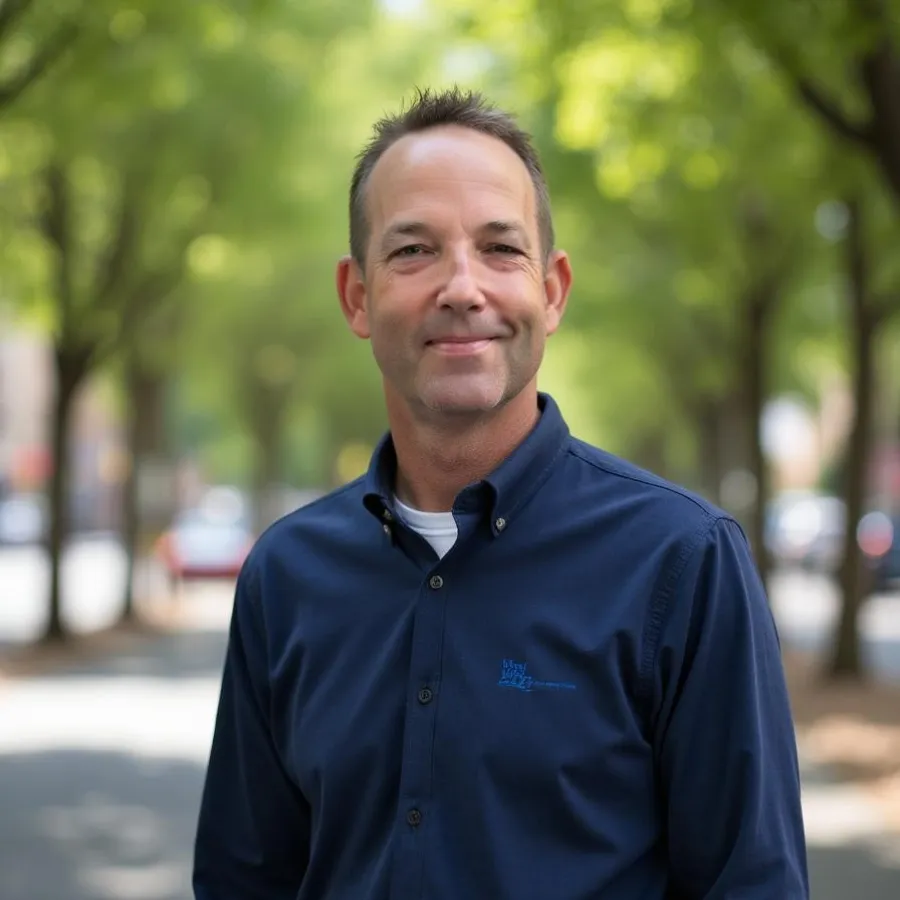 Man wearing a navy blue button-up shirt standing outdoors with a blurred background of trees and street.