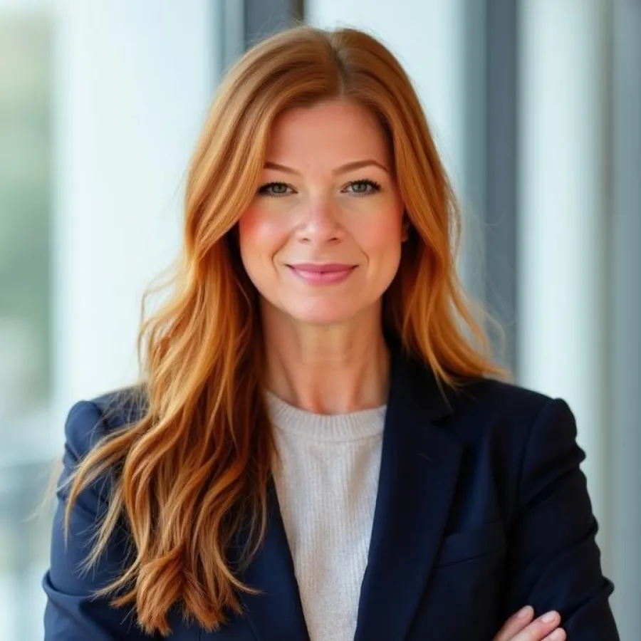 Confident red-haired woman in navy blazer and light sweater stands with arms crossed indoors by window.