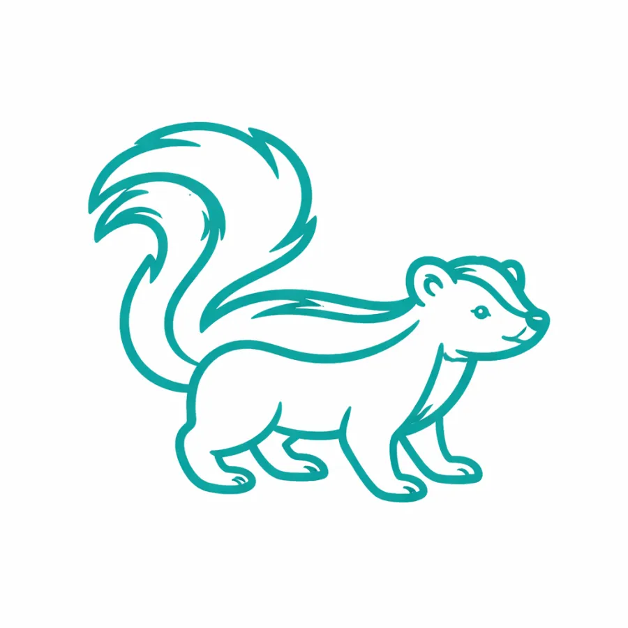 Stylized teal line art of a chipmunk or squirrel with a bushy tail and playful expression on a white background
