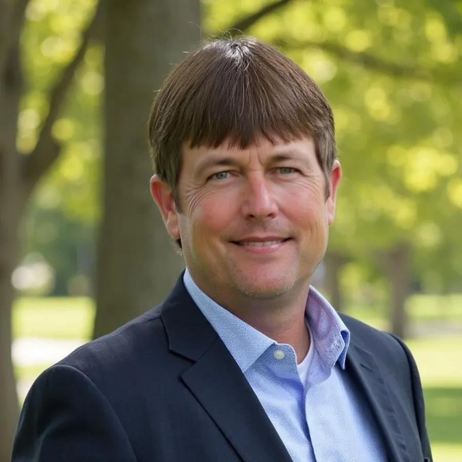 Smiling man with brown hair wearing a dark blazer and light blue shirt outdoors with green blurred background