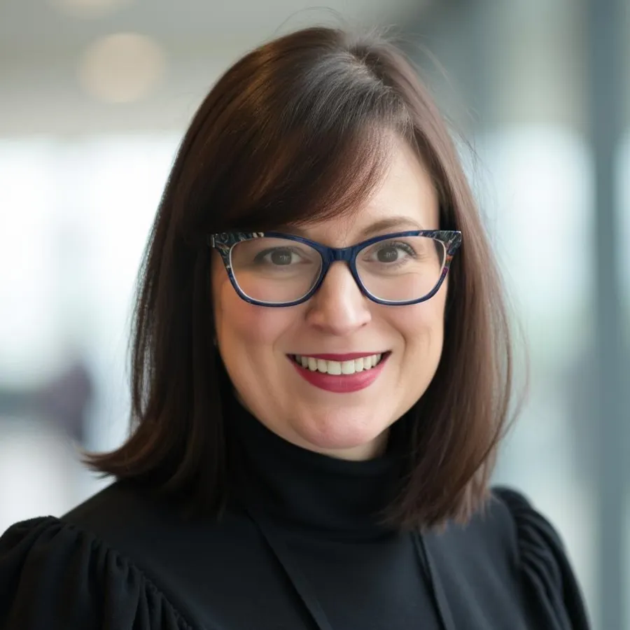 Smiling woman with shoulder-length brown hair and glasses wearing a black top, in a blurred indoor setting