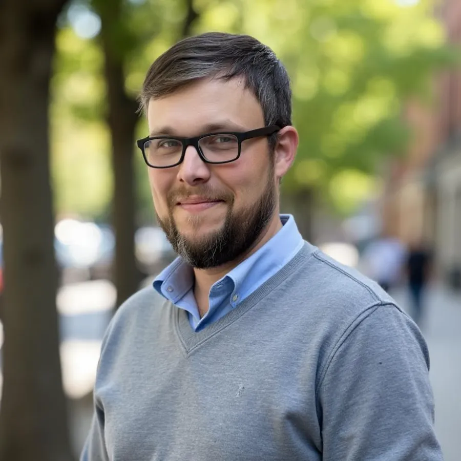 Smiling man with glasses and beard wearing gray sweater over blue shirt outdoors in urban setting.