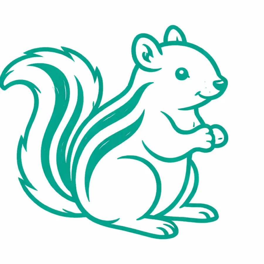 Simple teal line art of a chipmunk with striped tail and small paws on a white background