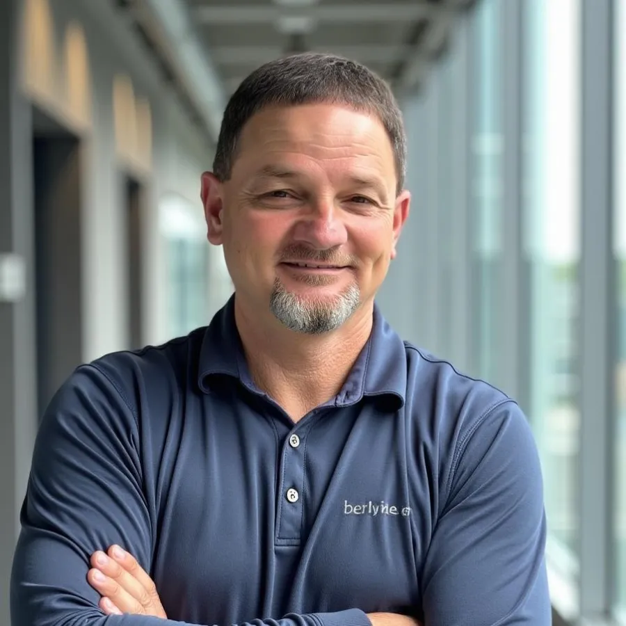 Smiling man with short hair and goatee wearing a navy blue Berlyn polo shirt standing with arms crossed in office hallway