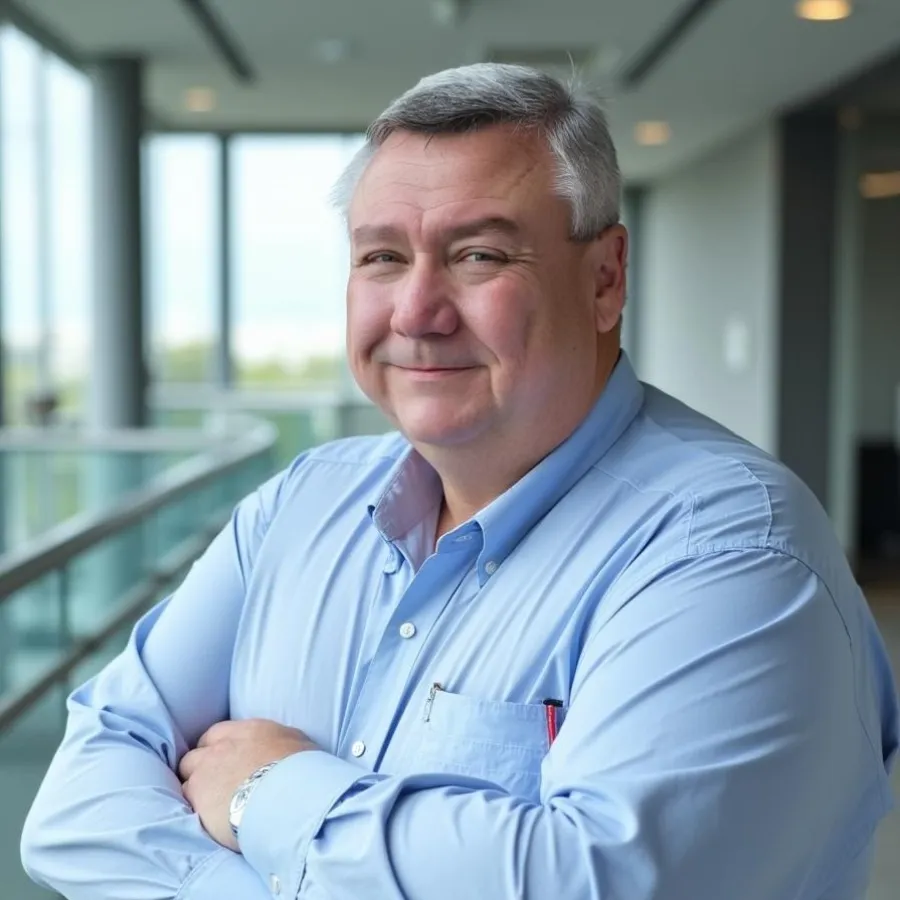 Middle-aged man in light blue shirt standing with arms crossed in a modern office corridor smiling confidently.