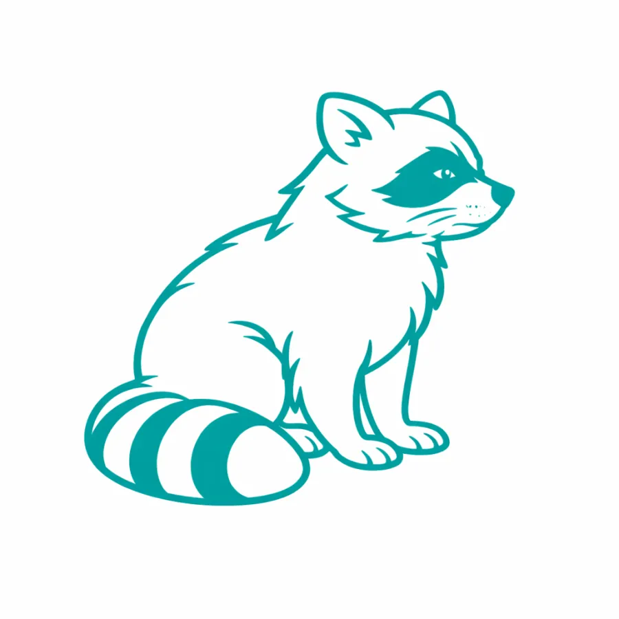 Simple teal line drawing of a raccoon sitting with bushy striped tail and facial mask detail.
