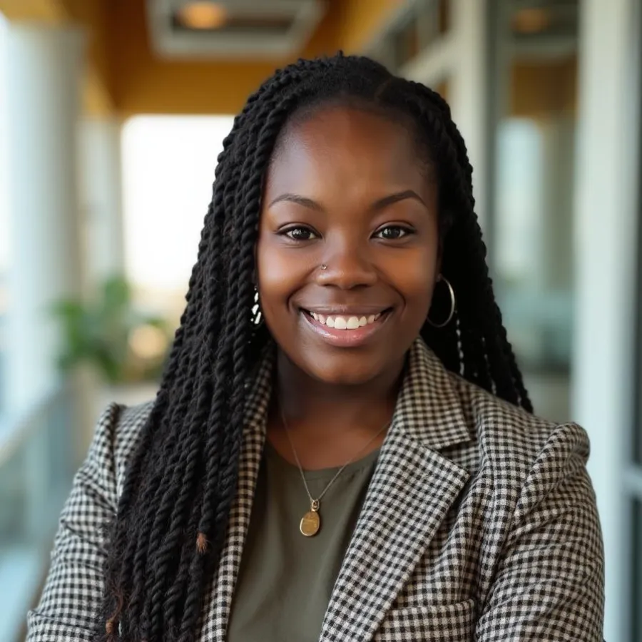 Confident young woman with long braided hair and checkered blazer smiling with folded arms indoors