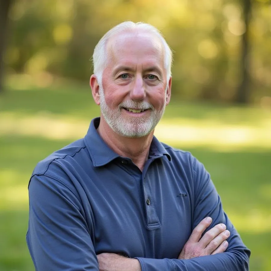 Smiling older man with white hair and beard wearing blue long-sleeve shirt standing outdoors with crossed arms.