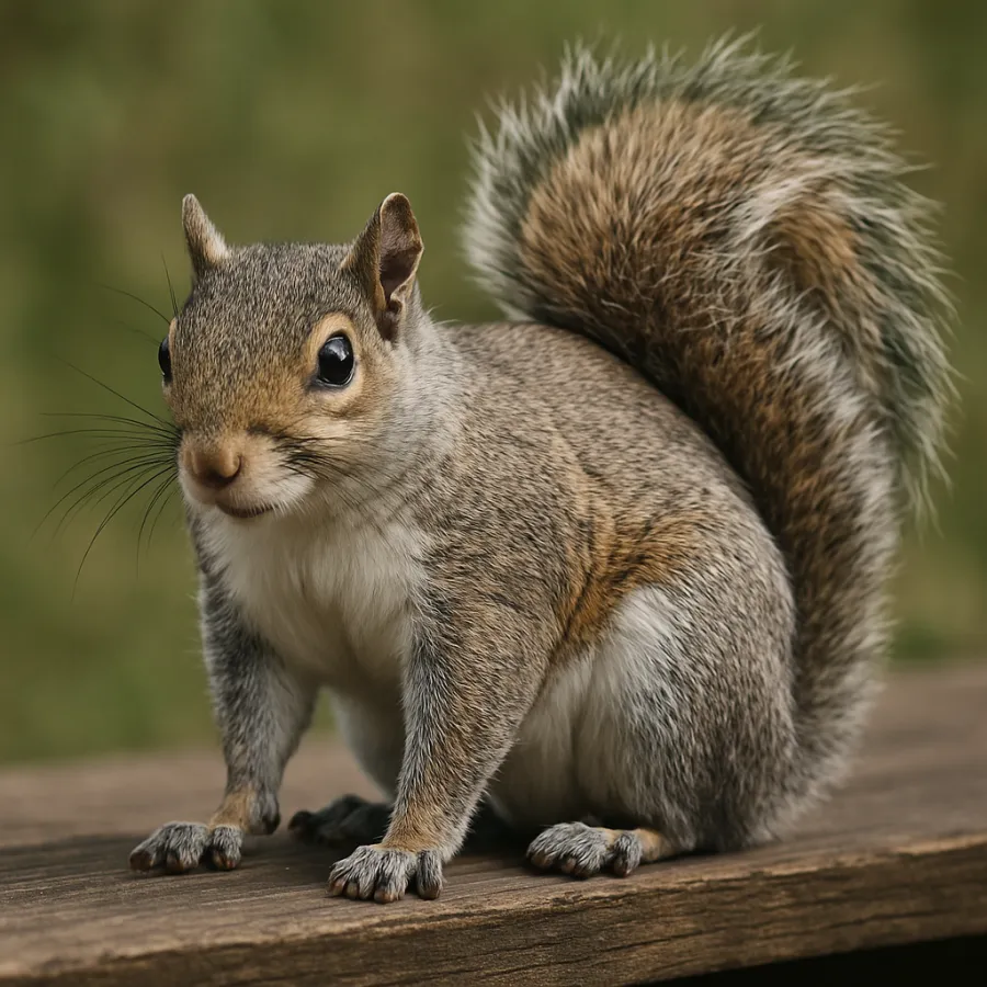 Close-up of a gray squirrel with bushy tail sitting on a wooden surface outdoors