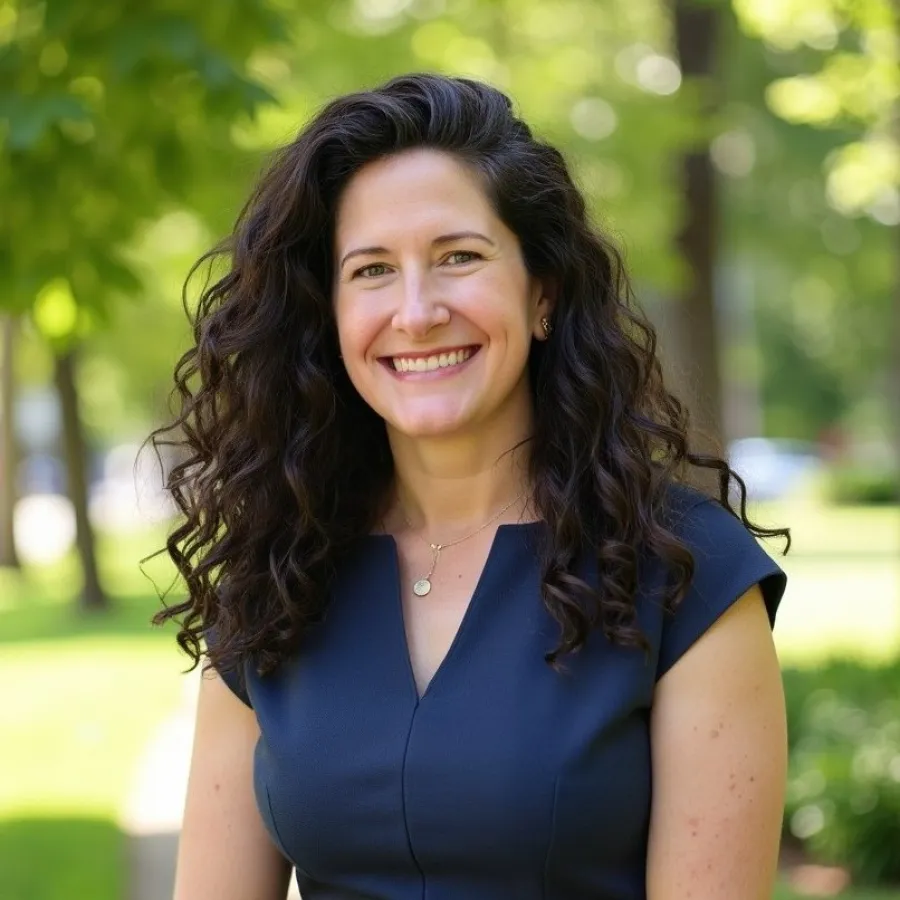 Smiling woman with curly dark hair wearing a navy blue dress standing outdoors with green trees in background.