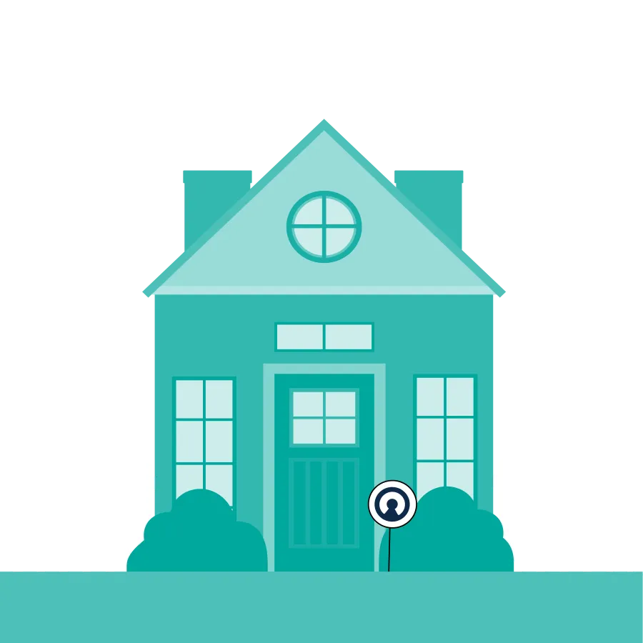 Blue house with two chimneys, round attic window, front door, two bushes, and white picket fence.