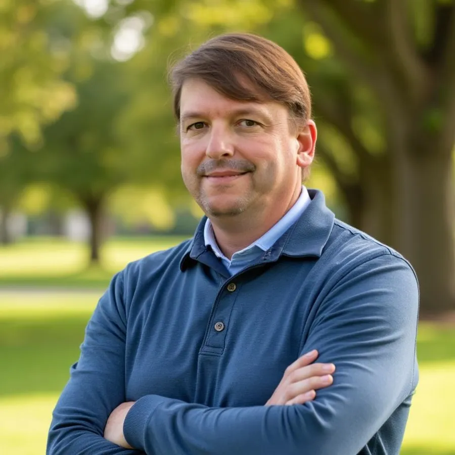 Man in blue long-sleeve shirt with arms crossed standing outdoors in a sunlit park with trees in the background