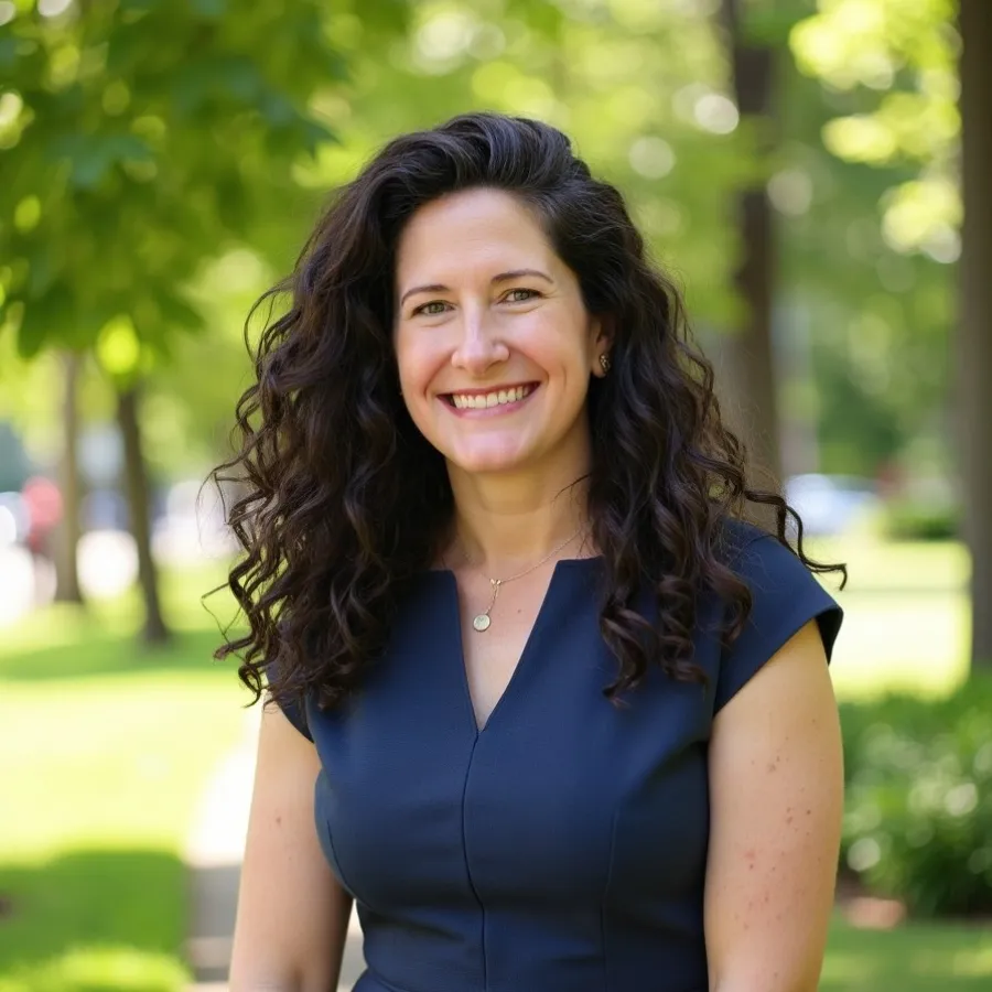 Smiling woman with curly dark hair wearing a navy blue dress standing outdoors with green trees in background.