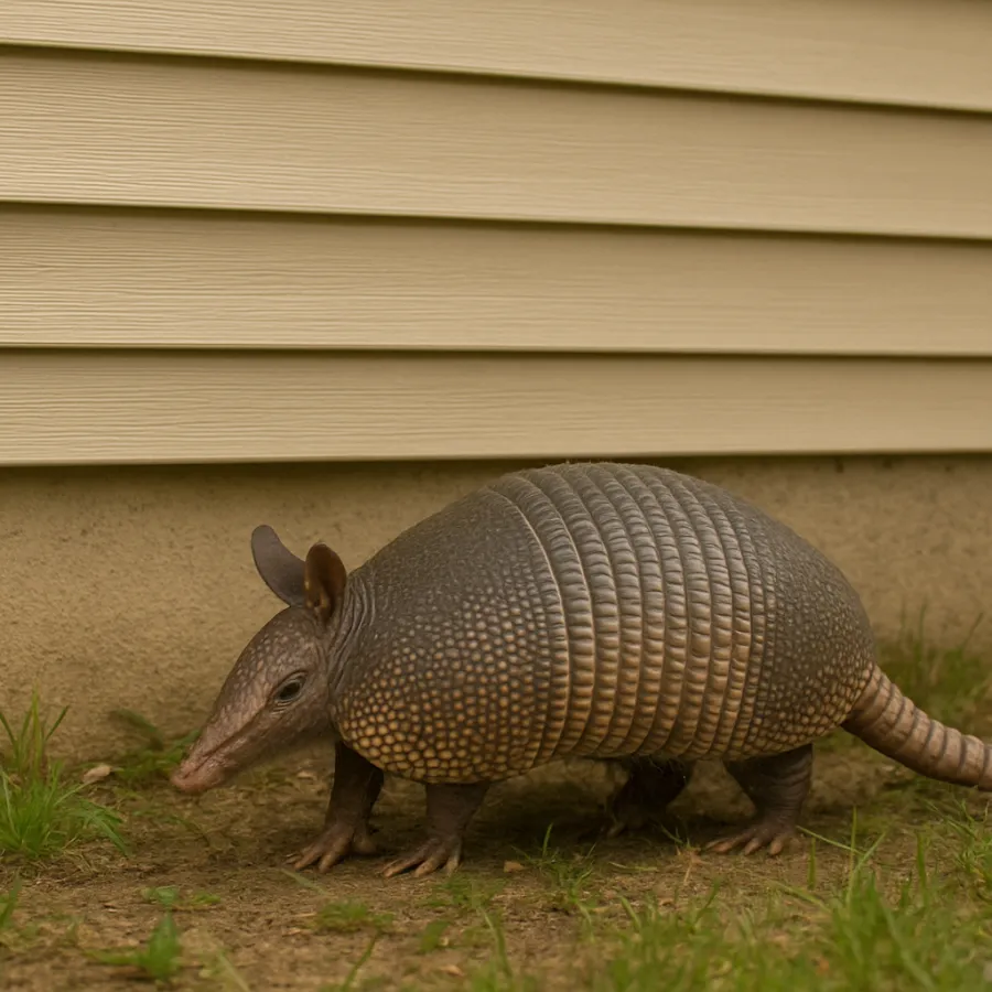 Nine-banded armadillo with textured armor shell walking on grass near house siding outdoors.