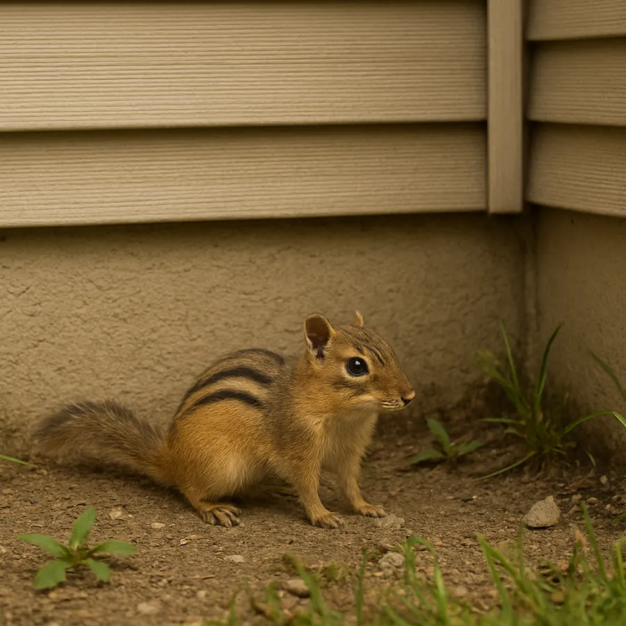 Chipmunk with distinctive stripes sitting on dirt near the corner of a beige house with scattered grass.